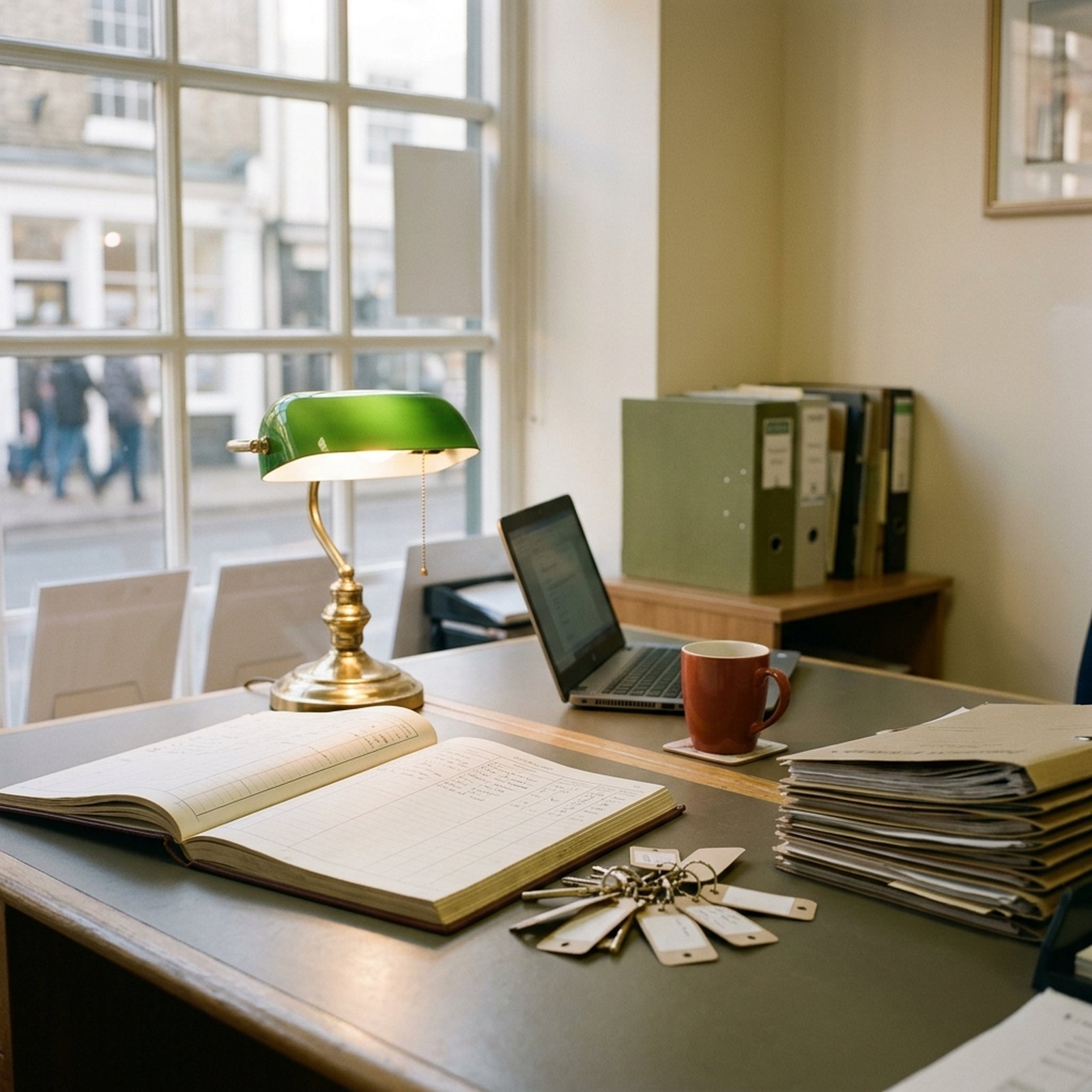 Le bureau d'une petite agence immobilière en fin d'après-midi, un registre des mandats ouvert et un trousseau de clés étiquetées posé à côté d'une lampe en laiton