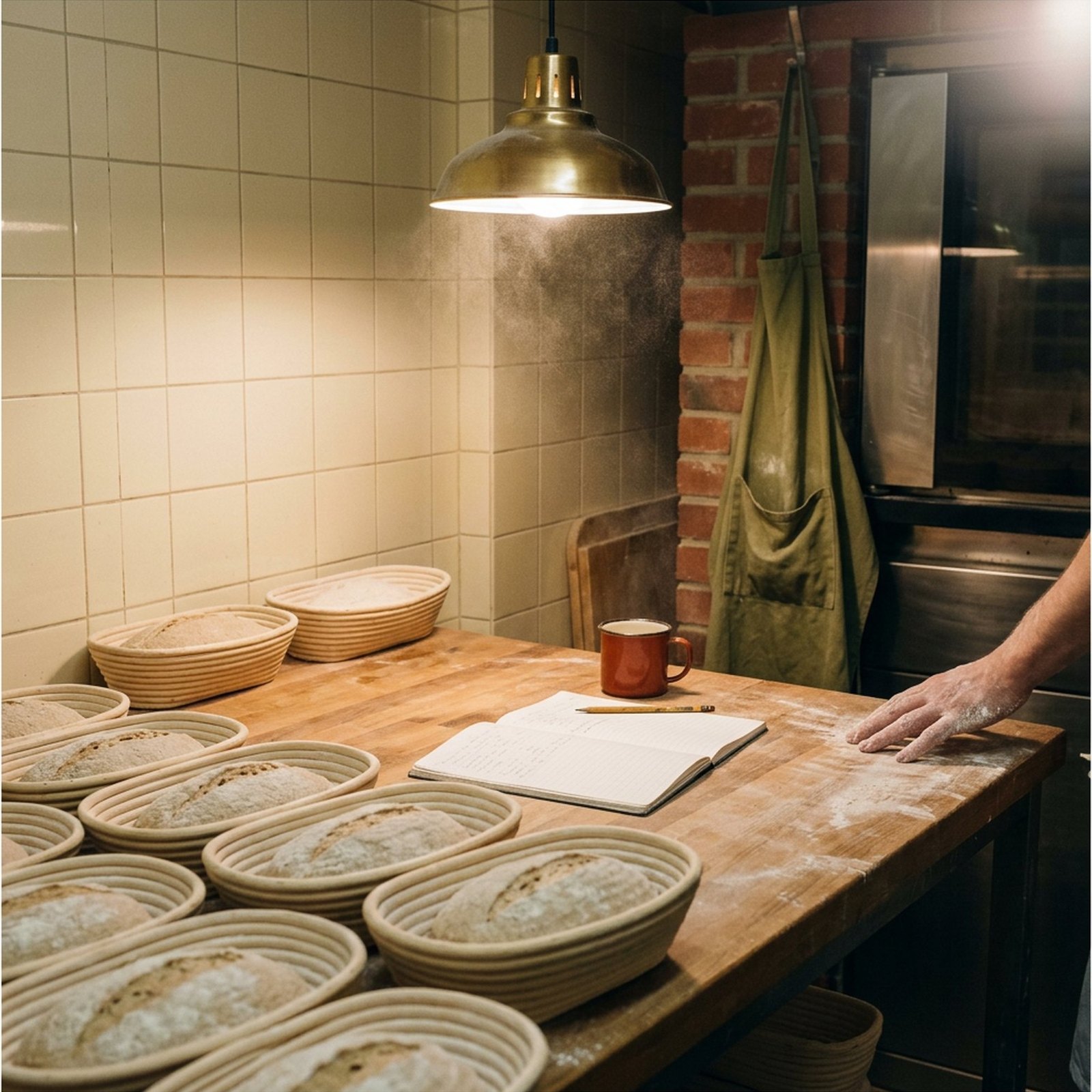 A bakery before dawn, with proofing baskets lined up on a floured table and an open baking notebook beside a brass lamp