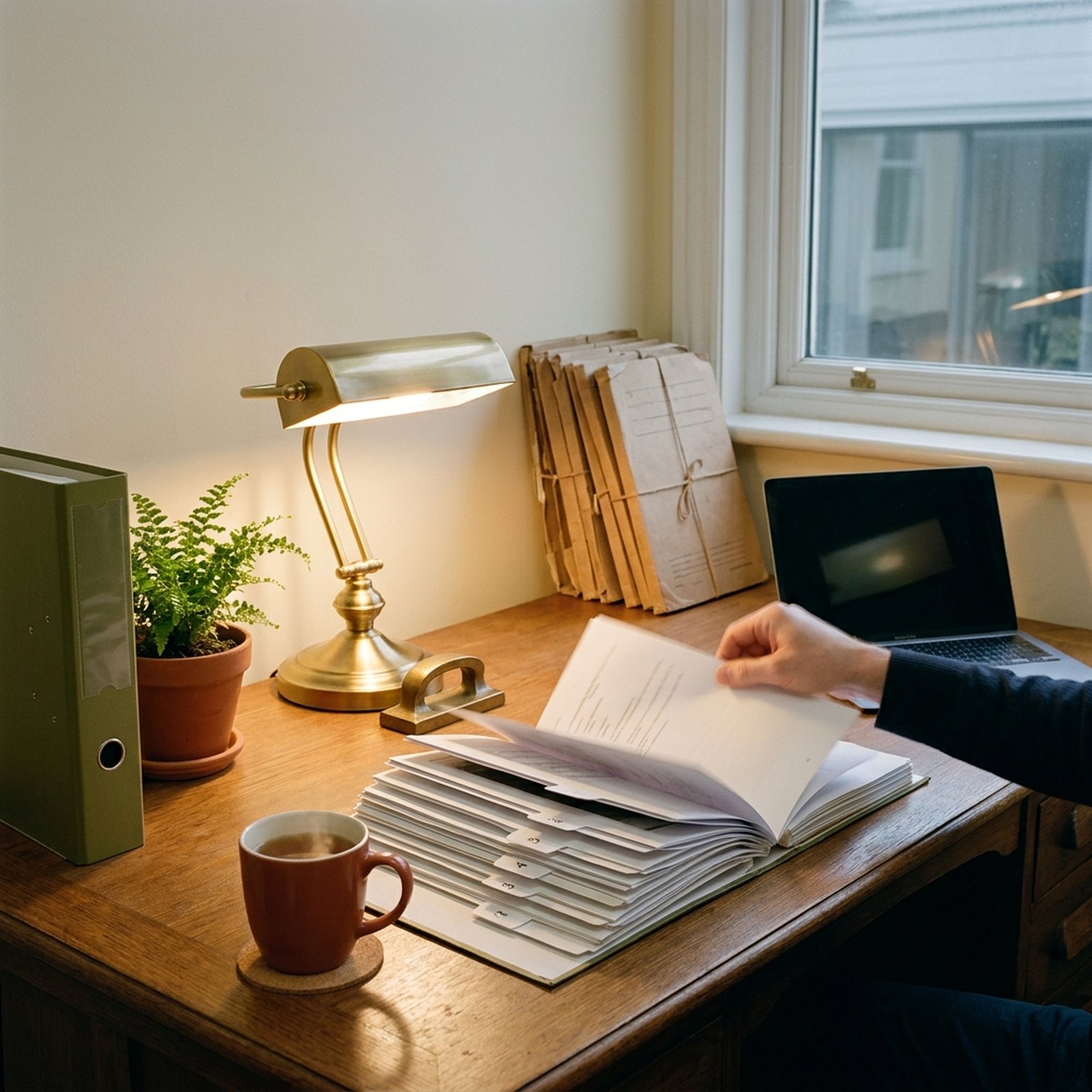 An open litigation file on an office desk, with numbered exhibits spread beside a lit lamp