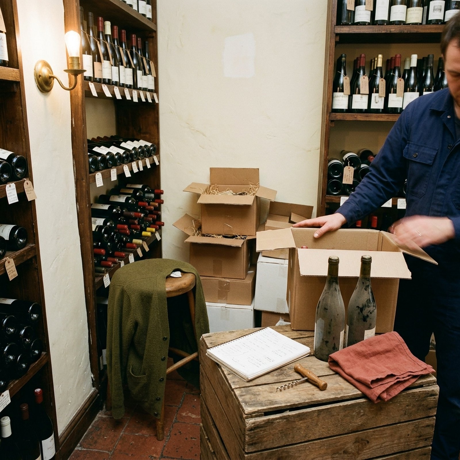 Une cave à vin en fin d'après-midi, des cartons d'arrivage ouverts entre les rayonnages et un cahier posé sur une caisse en bois
