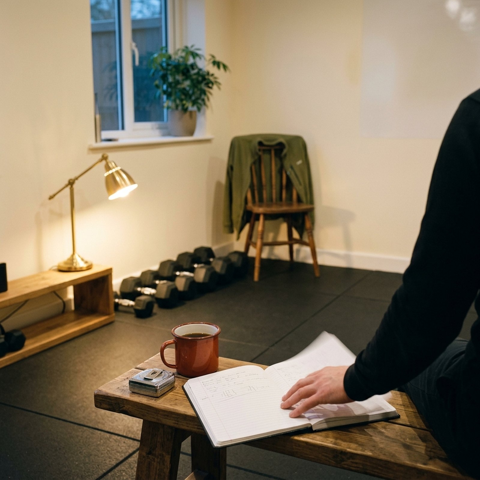 A small training room after a session, dumbbells arranged on a mat and a tracking notebook open on the bench