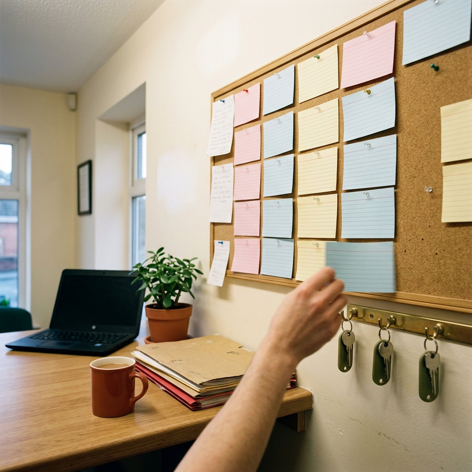 Un tableau de planning en liège couvert de fiches cartonnées dans le bureau d'une petite école, un trousseau de clés de véhicule posé dessous