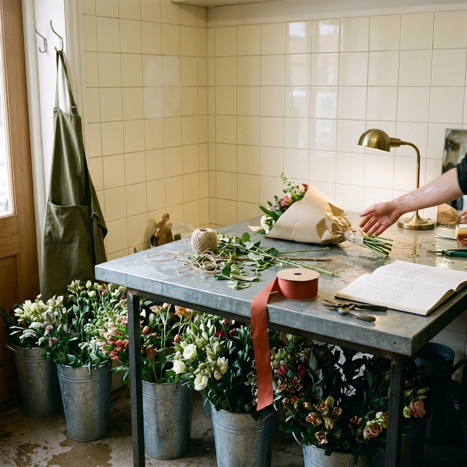 Un taller de floristería al final de la mañana, cubos de flores cortadas en el suelo y un cuaderno de pedidos abierto sobre la superficie de trabajo mojada