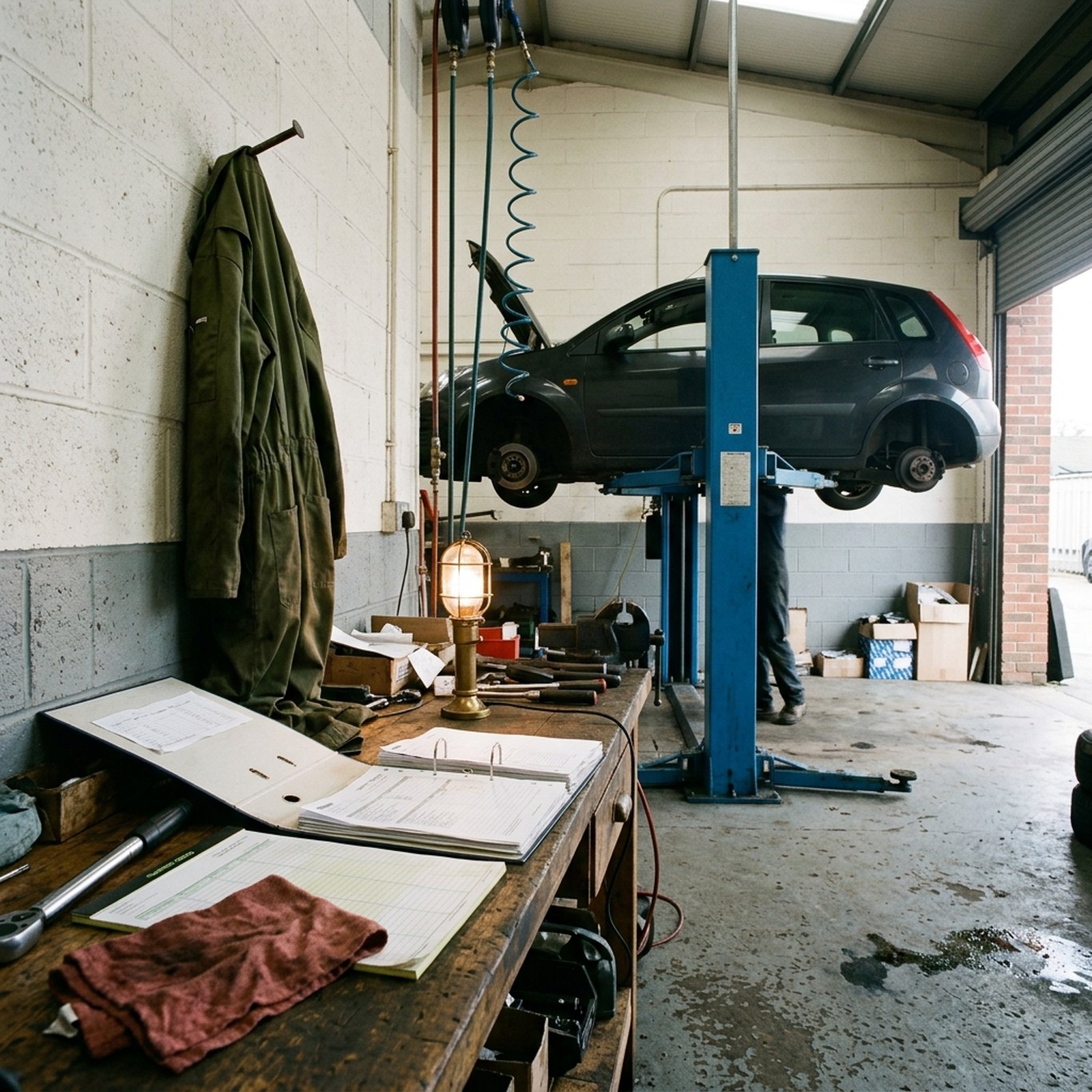 A mechanical workshop in the morning, a vehicle on the lift and a binder of job sheets open on the workbench beside a brass lamp