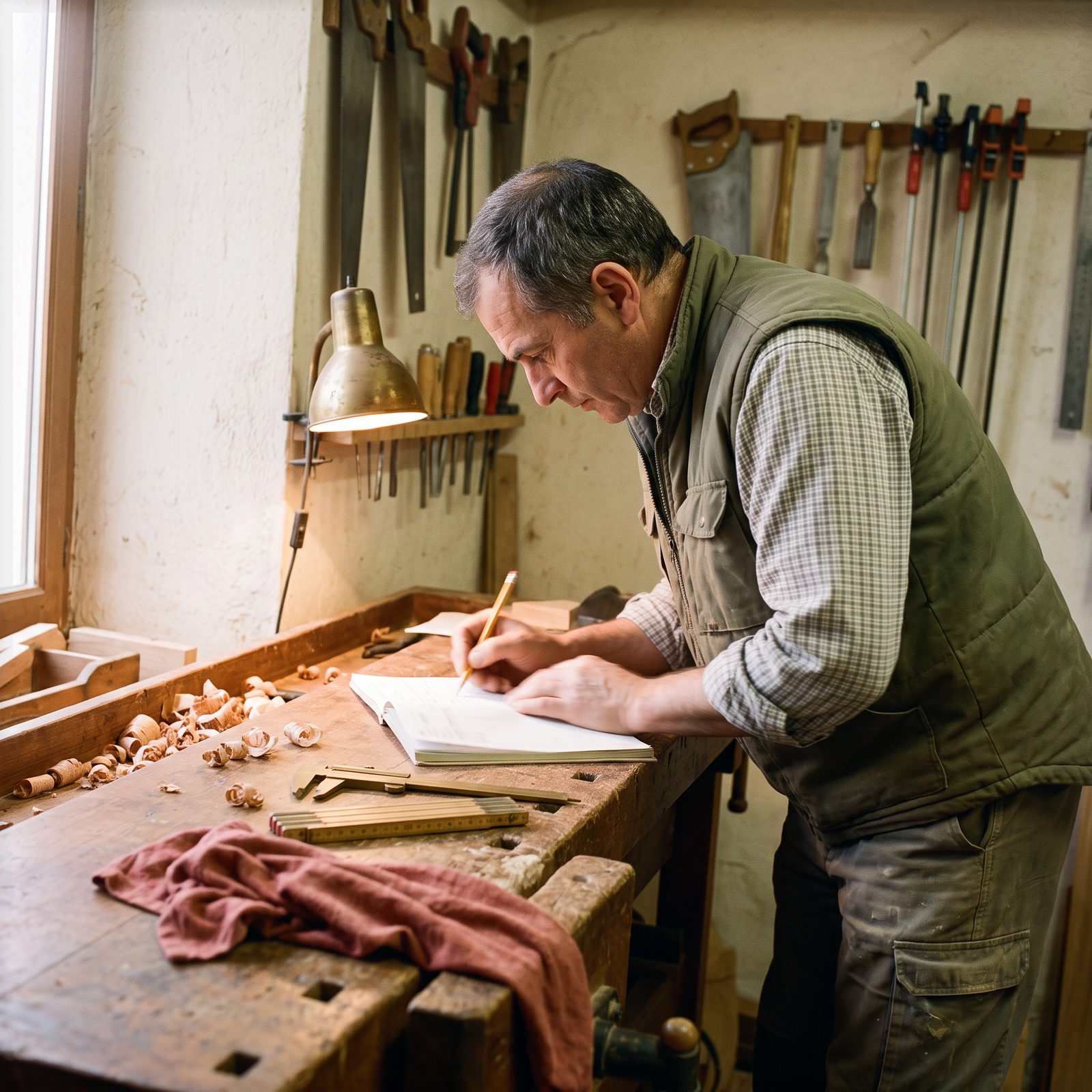 Un artisan remplit son carnet de devis au crayon sur l'établi de son atelier