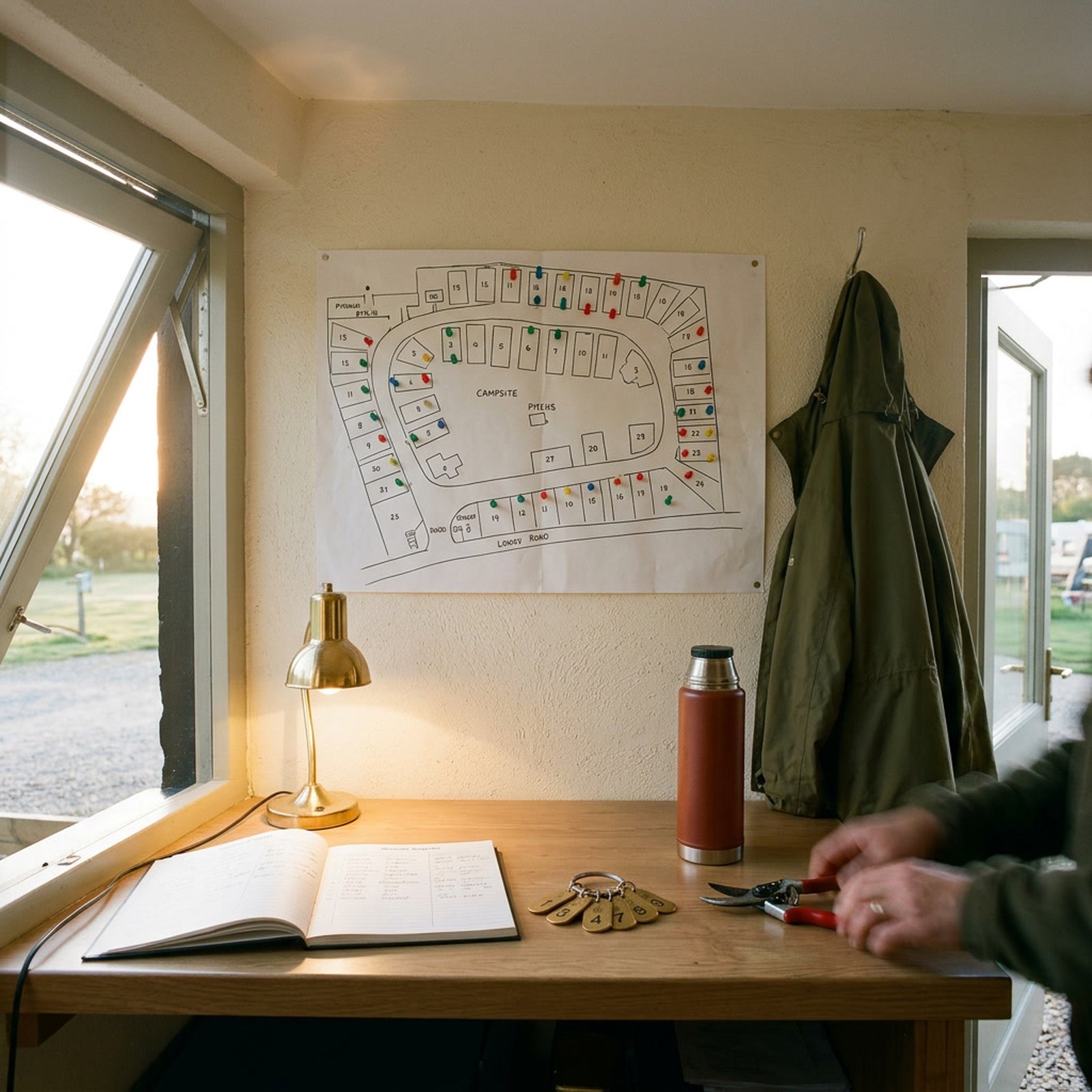 L'accueil d'un camping au petit matin, un plan des emplacements punaisé au mur et un registre de séjours ouvert sous une lampe en laiton