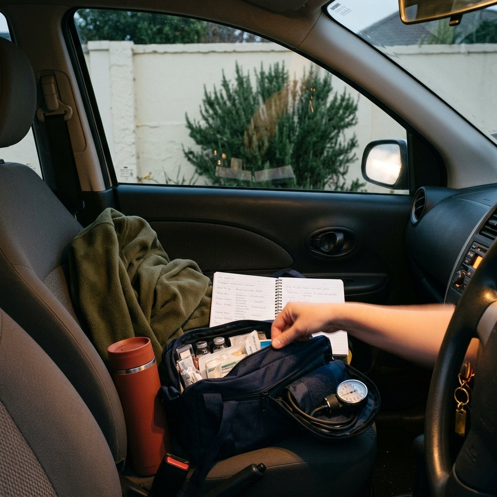 Une sacoche de soins ouverte sur le siège passager d'une voiture à l'aube, un carnet de tournée posé dessus