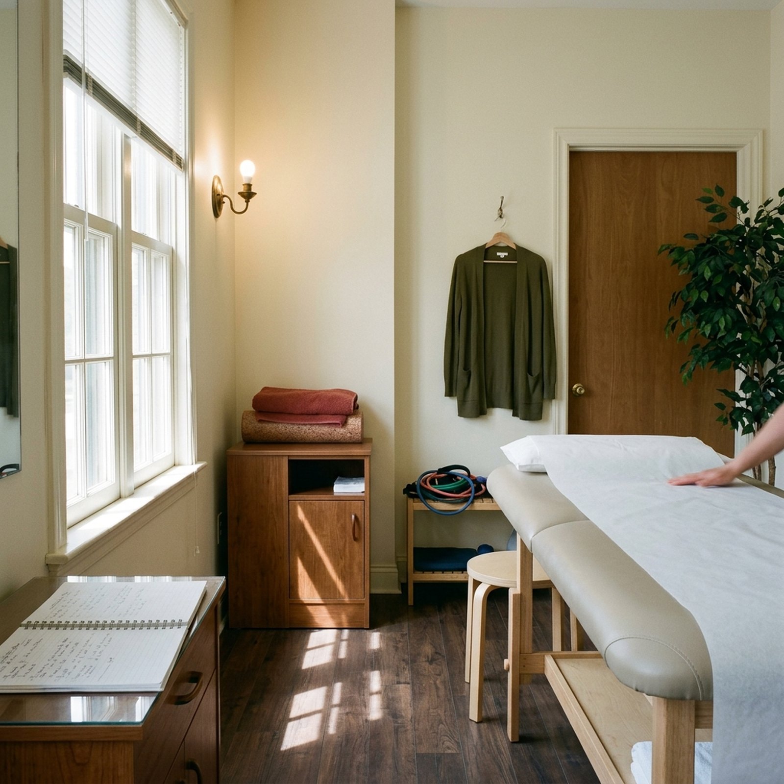 Une table de soin et un tabouret dans une salle de kinésithérapie, un cahier de rendez-vous ouvert sur le meuble à côté