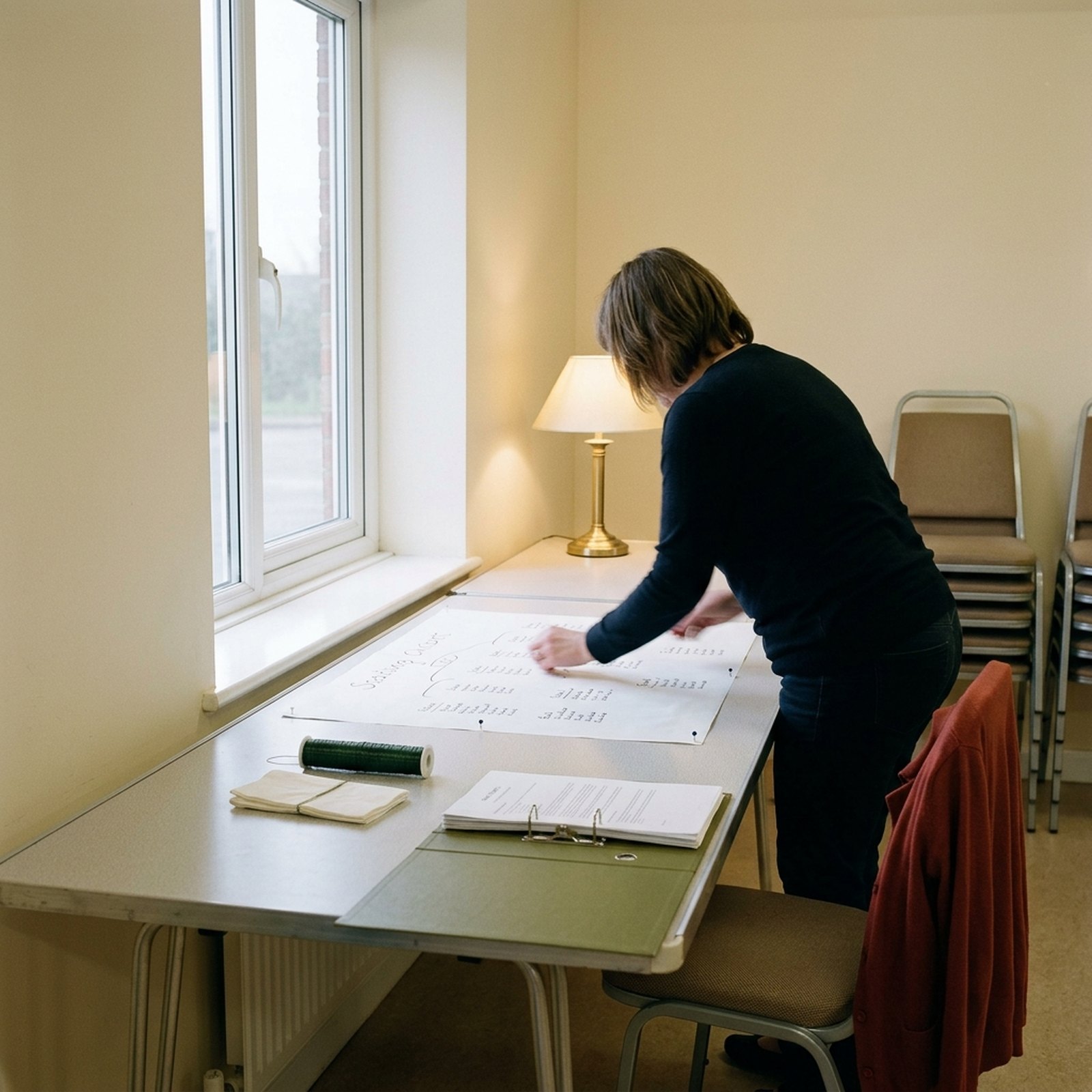 Una mesa de planificación en un salón de celebraciones al amanecer, un plano de mesas manuscrito, un archivador verde oliva con contratos y una taza rojo ladrillo junto a una lámpara de latón