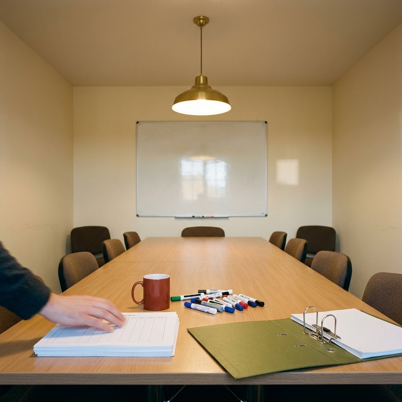 Une salle de formation vide en fin de journée, des feuilles d'émargement empilées sur une table près d'un classeur vert olive et d'un mug rouge brique