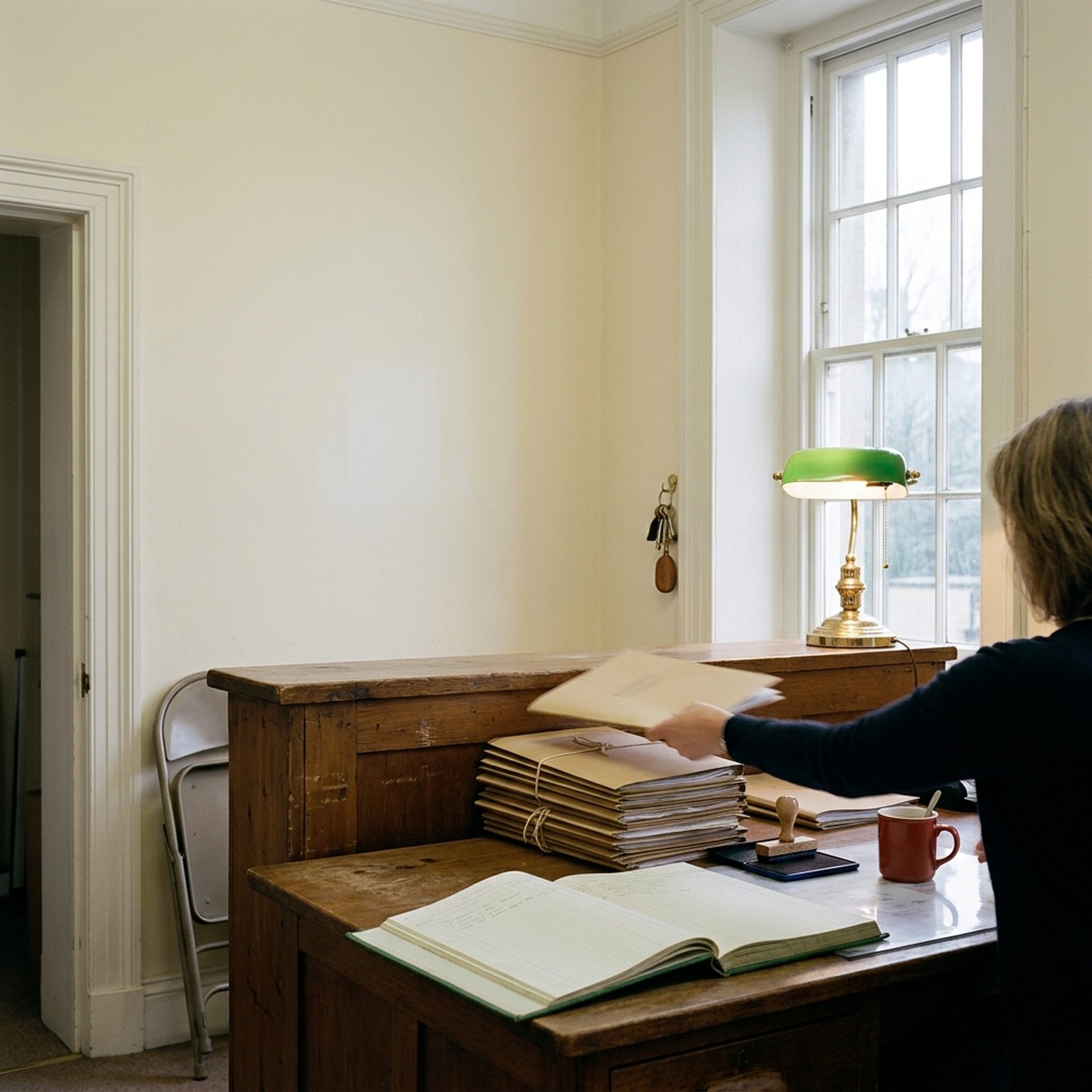 Le bureau du secrétariat d'une mairie de village en fin de matinée, un registre à couverture verte ouvert, des chemises empilées et une tasse rouge brique près d'une lampe en laiton
