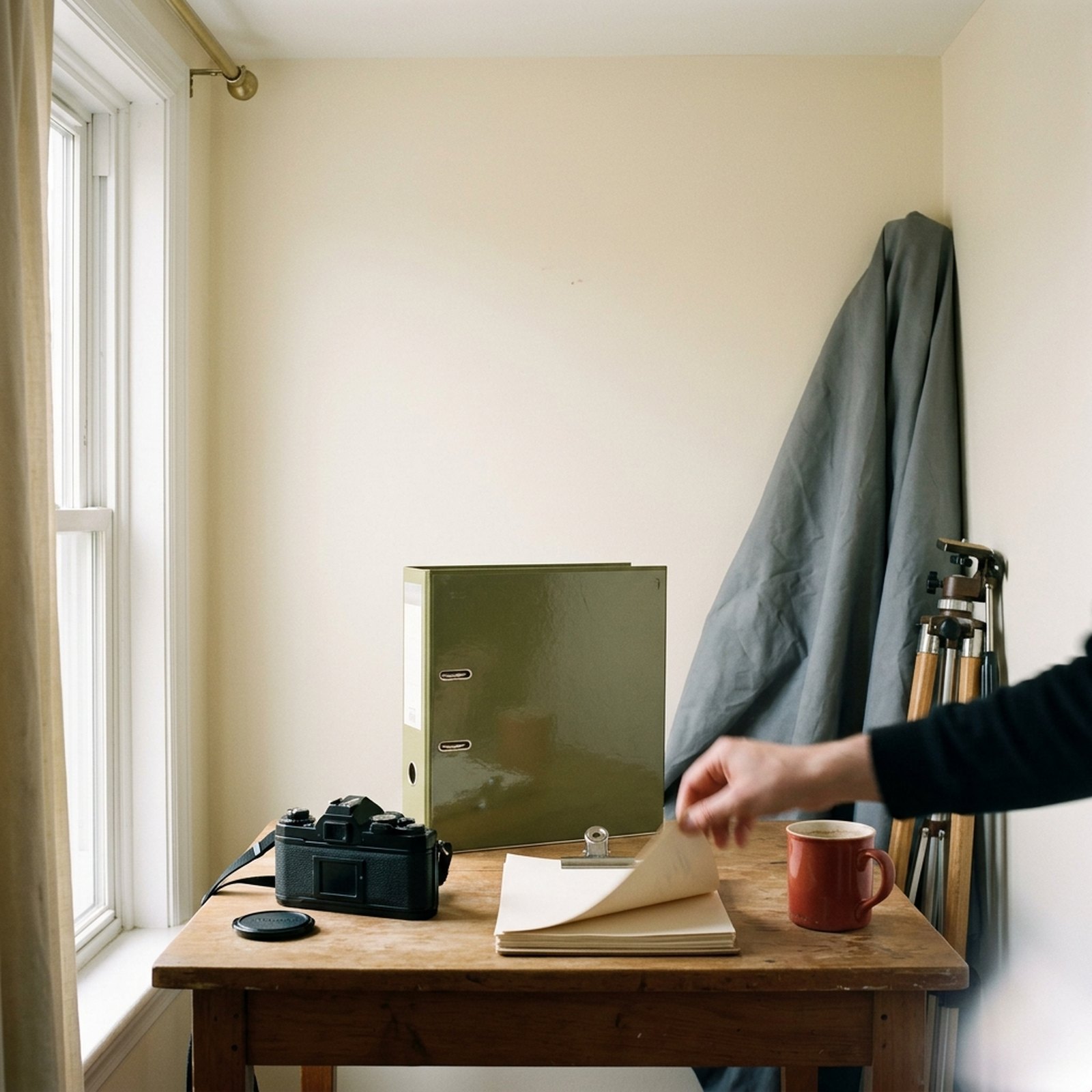 Un coin de studio photo au matin, un boîtier posé sur une table en bois près d'un classeur vert olive de contrats et d'une tasse rouge brique