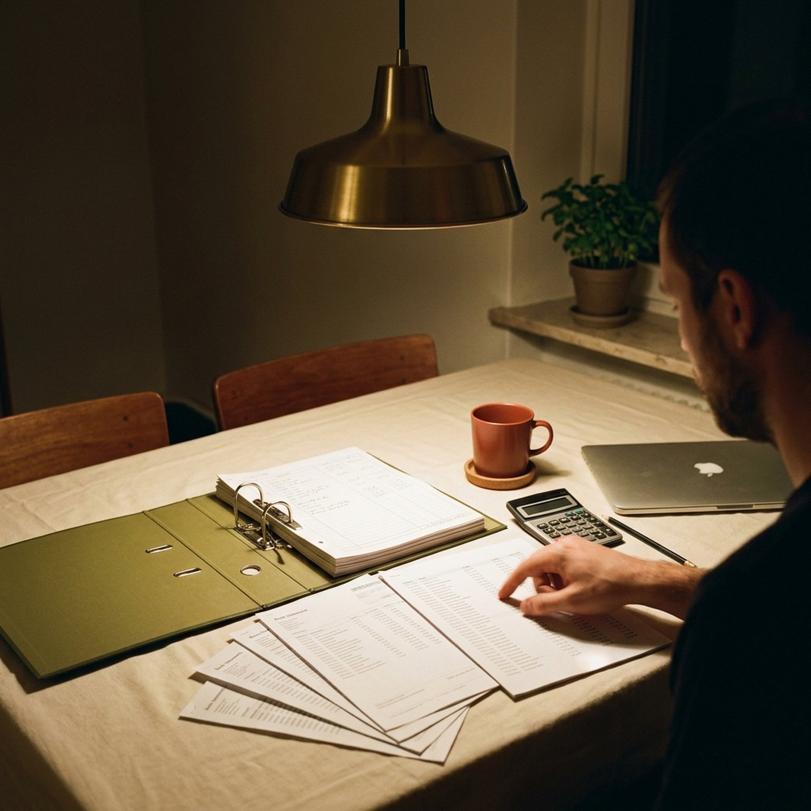 A dining table at night covered in service-charge statements, an open olive green lever-arch binder and brick red cup under a brass lamp