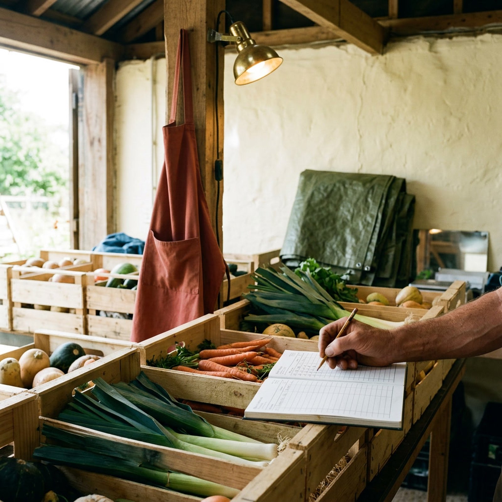 Una mesa de preparación de cestas en un cobertizo de granja, cajas de verduras alineadas y un cuaderno de pedidos abierto junto a una lámpara de latón
