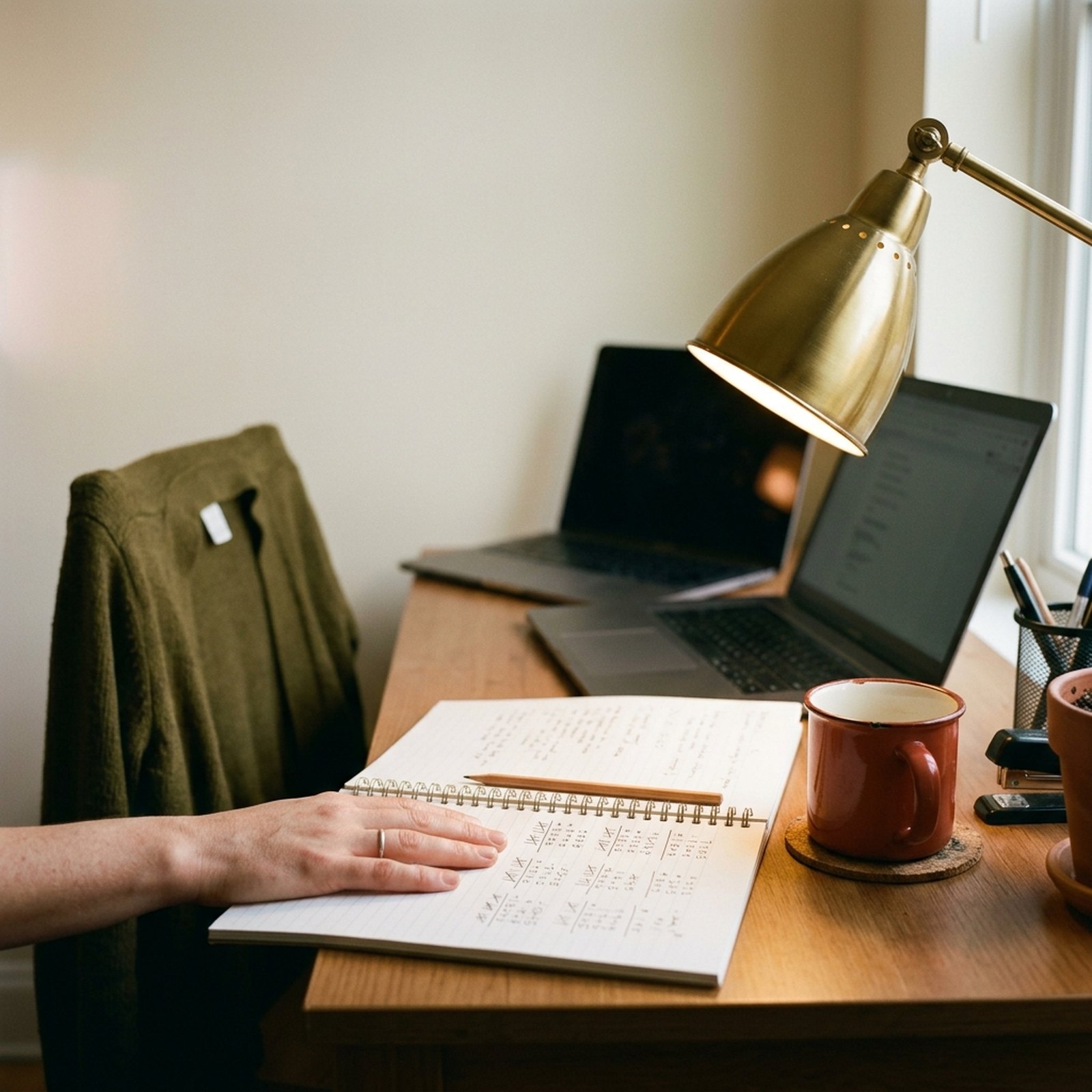 A notebook covered in credit calculations beside a red mug on a home-office desk at the end of the day