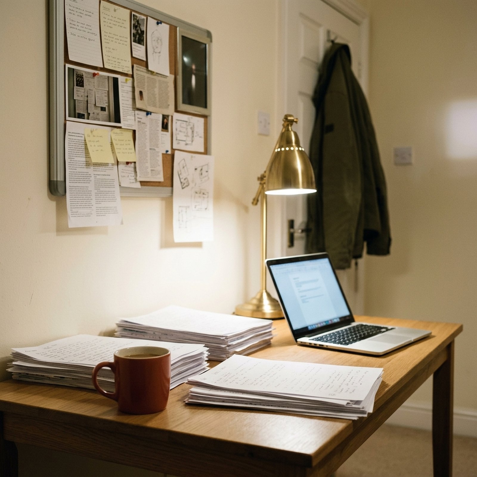 Un bureau du soir avec des feuilles annotées empilées près d'un ordinateur portable entrouvert, un mug rouge froid et une lampe en laiton allumée