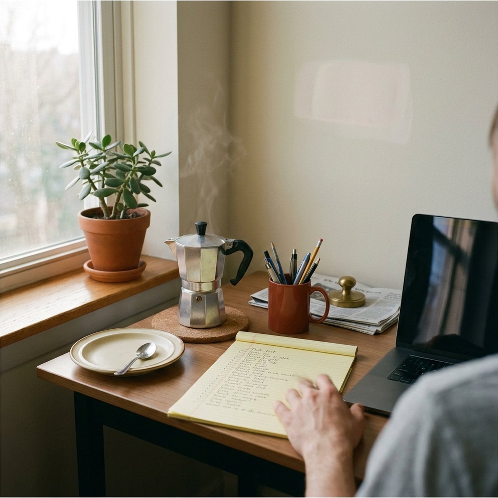 Un escritorio en casa al amanecer, un cuaderno abierto con una lista manuscrita junto a una cafetera y una planta verde