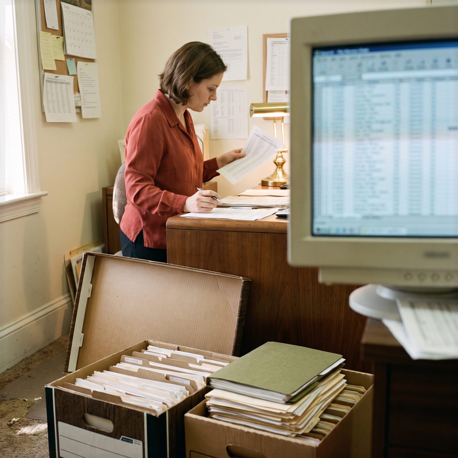 Archive boxes in front of a blurred spreadsheet screen at the moment of data migration