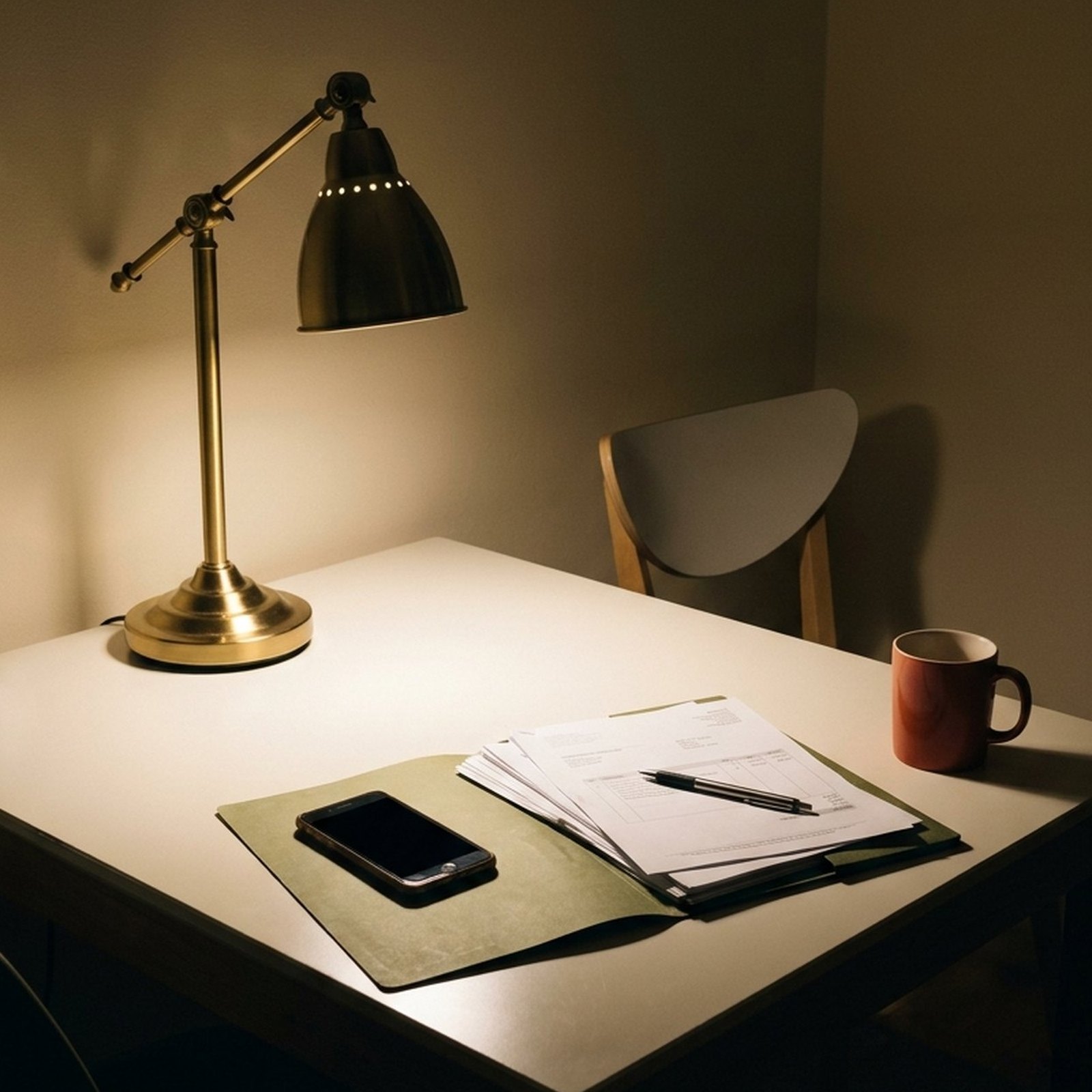 A home office in the evening, a phone with its screen off beside an open olive folder containing invoices and a lit brass lamp