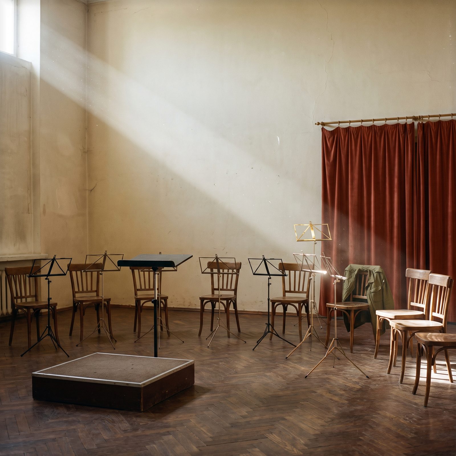 Une salle de répétition vide, neuf chaises et pupitres en demi-cercle dans la lumière d'une fenêtre