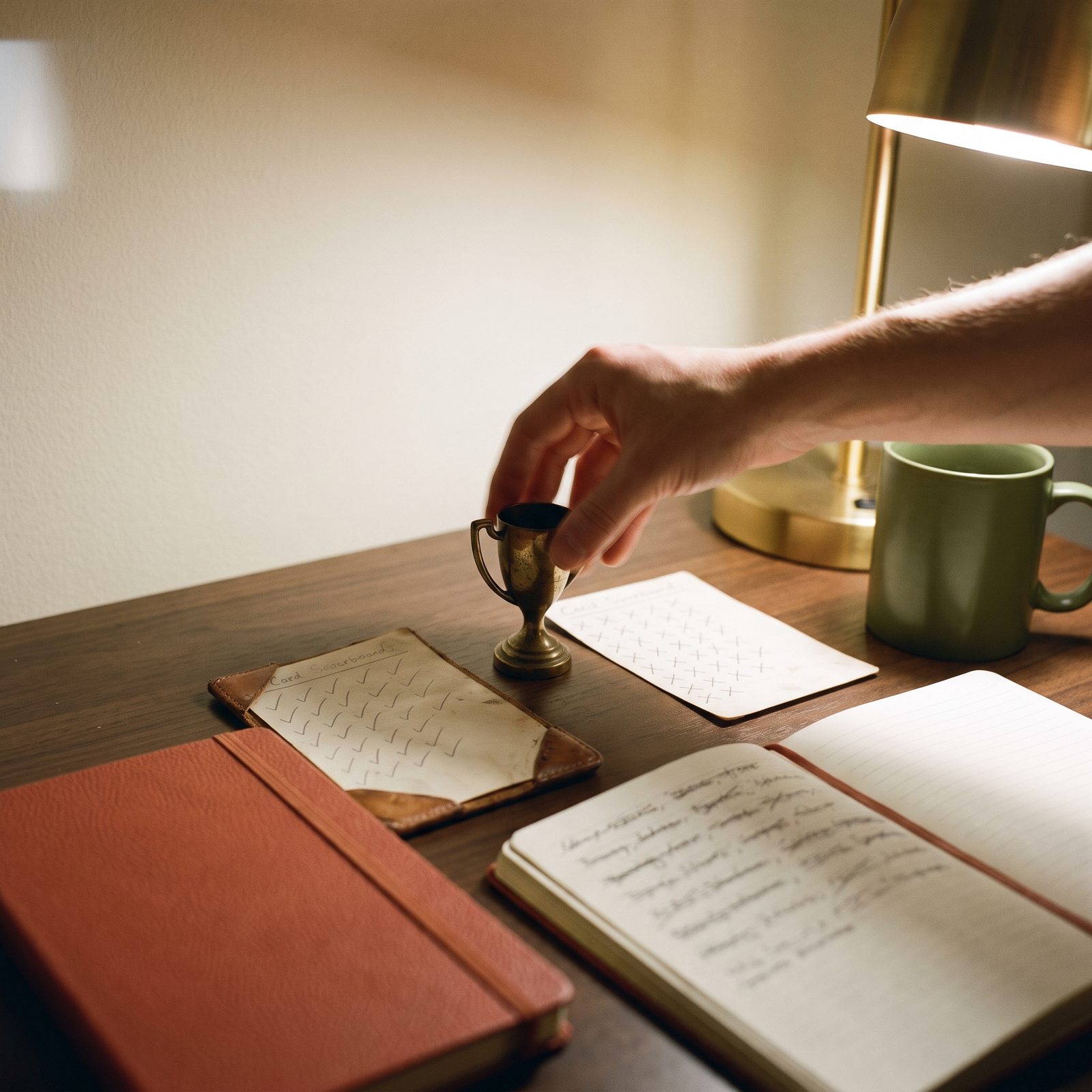 Deux petites fiches manuscrites sur un bureau, l'une couverte de coches, l'autre de croix, un trophée miniature en laiton posé exactement entre les deux, ni sur l'une ni sur l'autre