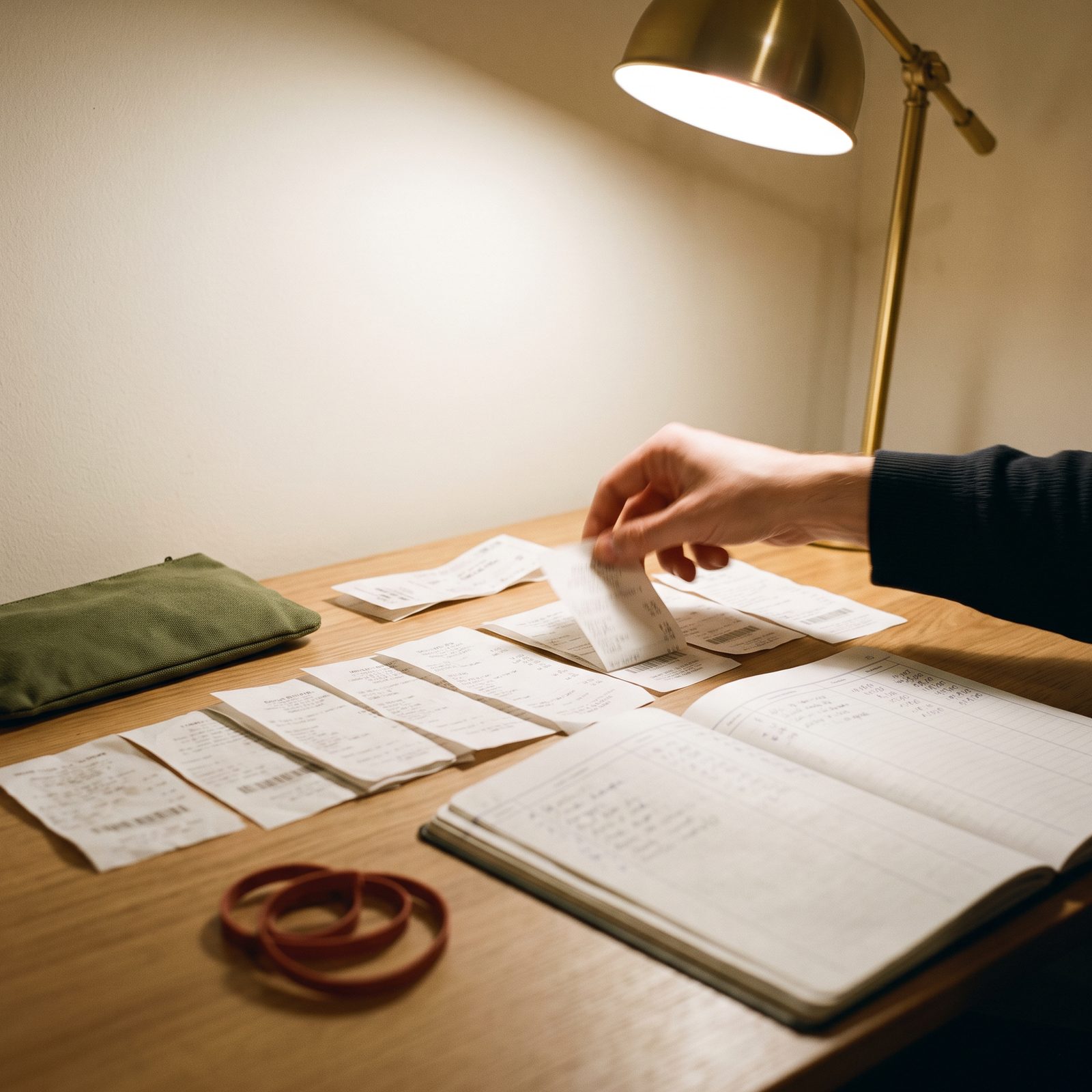 A hand sorts receipts one by one beneath a brass lamp, beside an open account book covered in handwritten figures