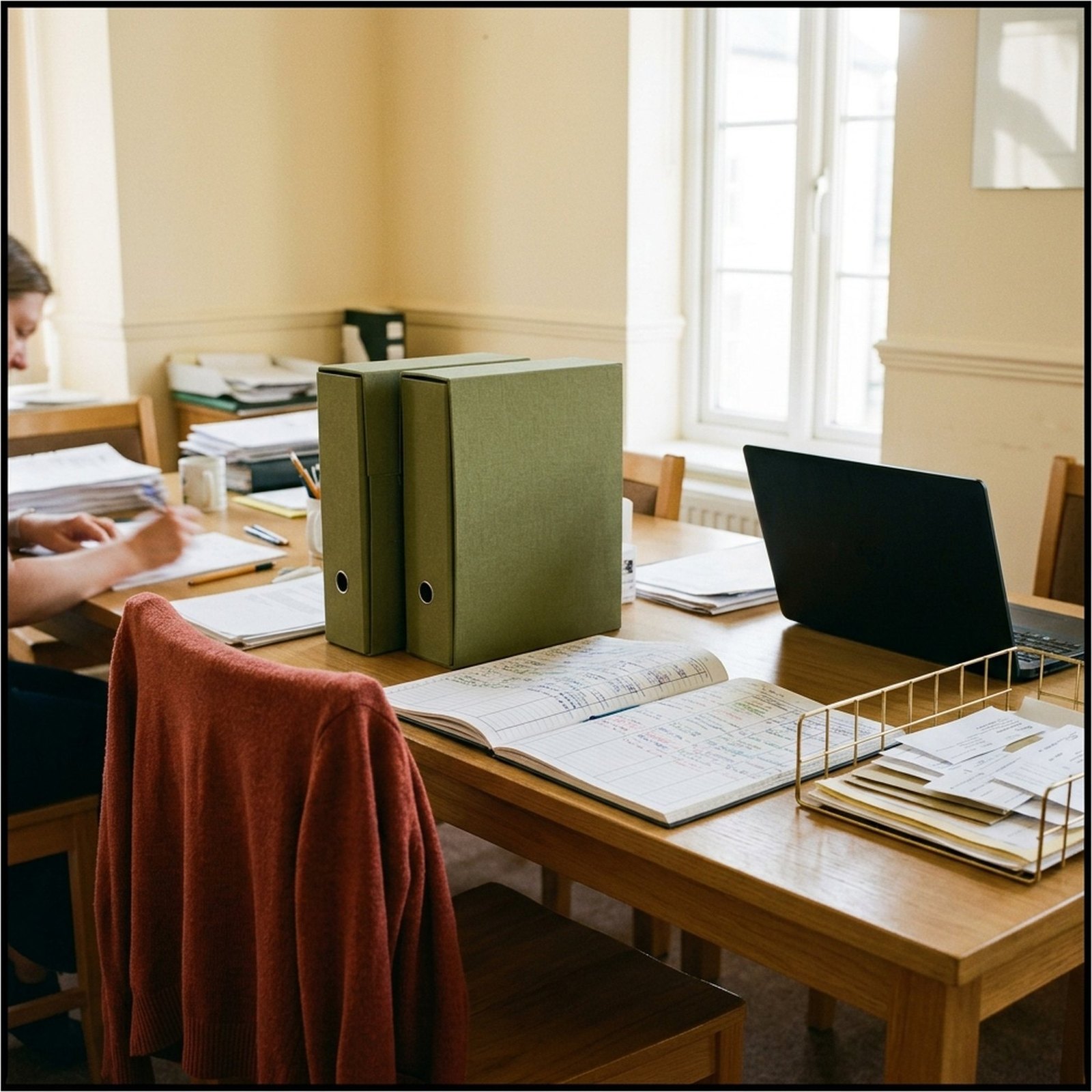 A shared office table in mid-morning, two binders and an open tracking notebook covered in hand-drawn columns