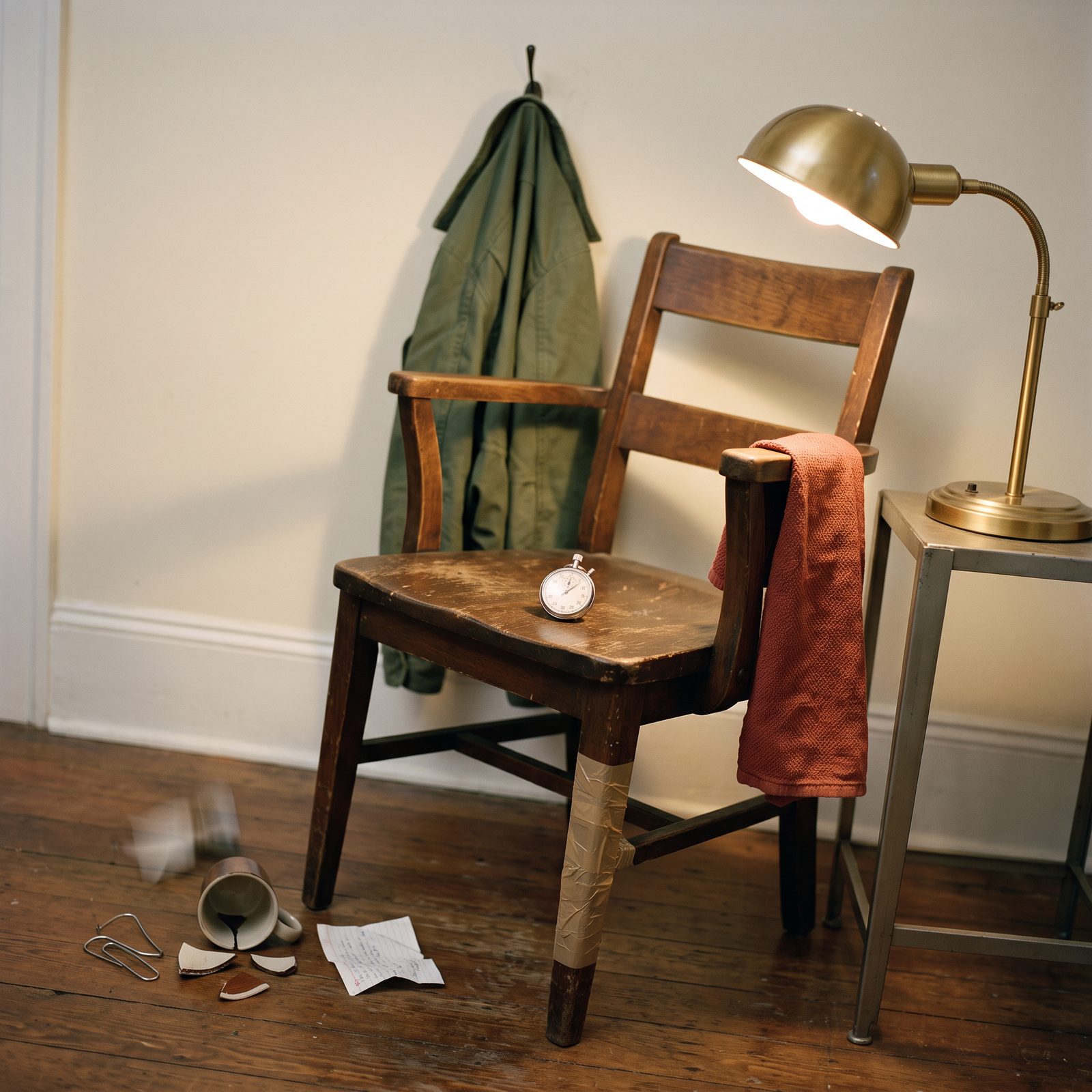 Une chaise d'essai sous une lampe le soir, un chronomètre posé sur l'assise, une tasse cassée et un trombone tordu au sol : les traces d'un test poussé à la casse