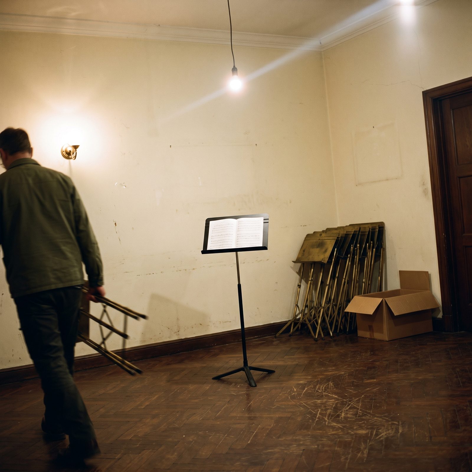 Une salle de répétition vidée la nuit : les pupitres en laiton pliés contre le mur, un carton de déménagement ouvert, un seul pupitre neuf resté seul sous une suspension