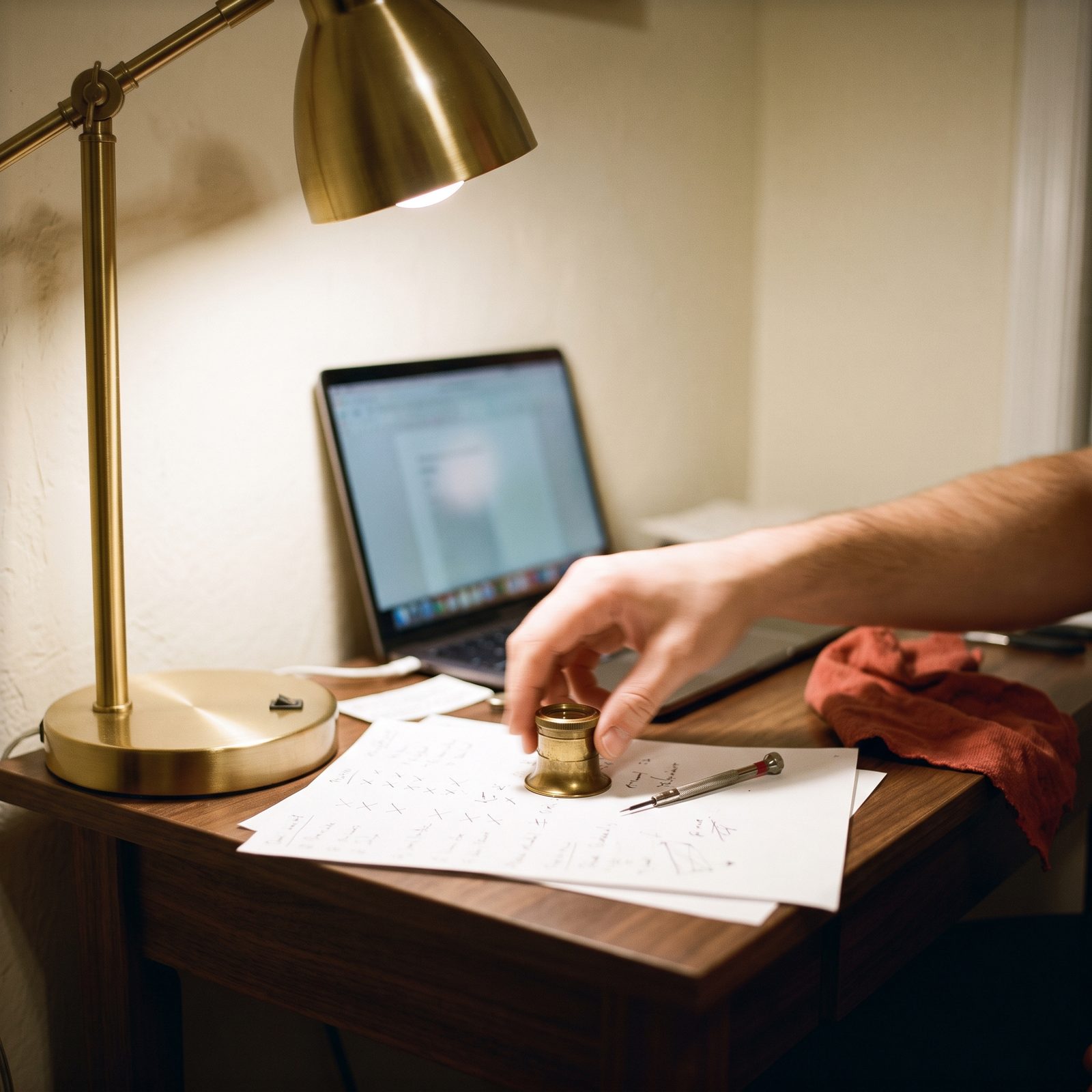 Un établi de réparation le soir : une main ajuste une loupe d'horloger sur des pages annotées, sous une lampe en laiton, un portable à l'écran flou en retrait