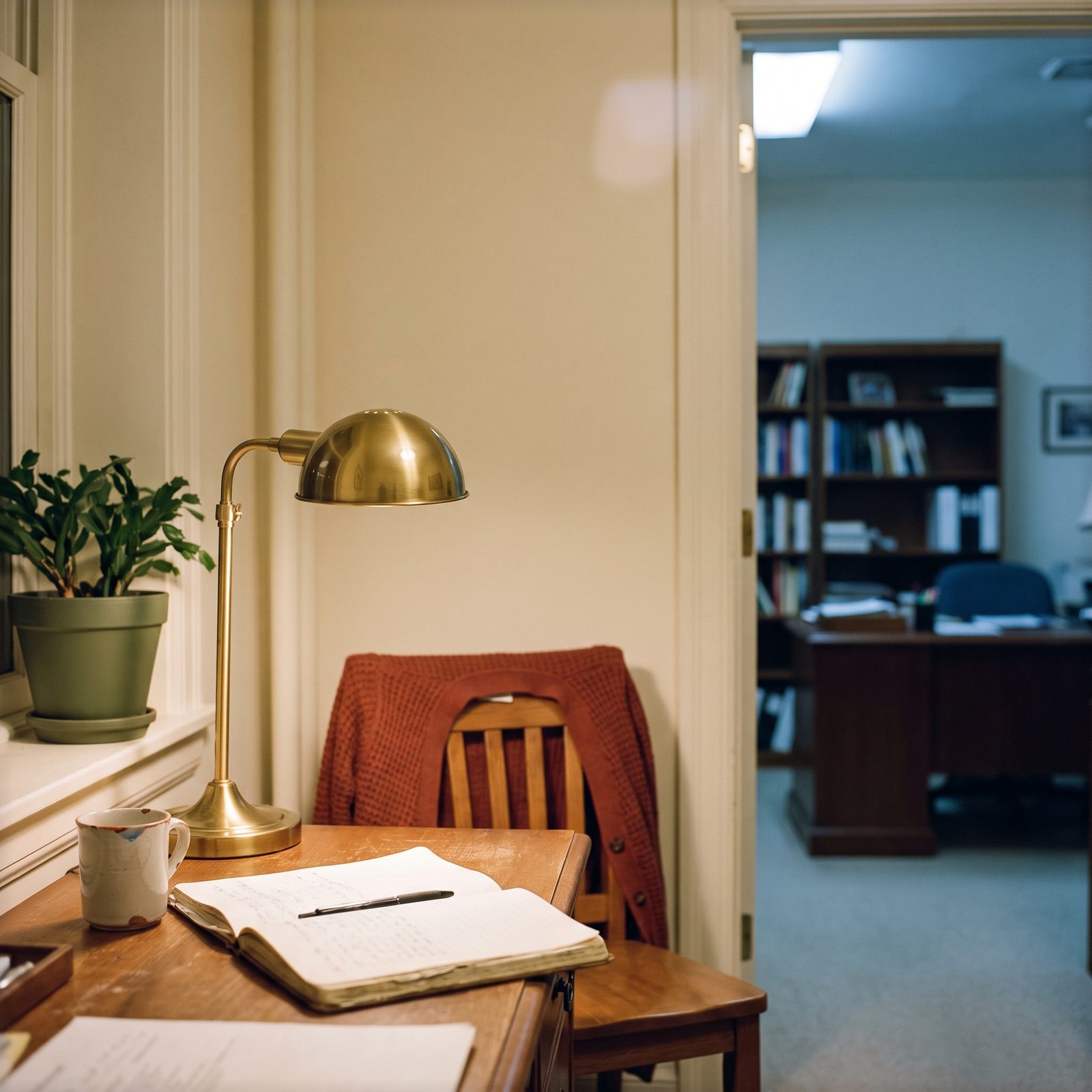 A small, modest desk in the foreground beneath a brass lamp, with a much larger, more luxurious office glimpsed blurred through an open door