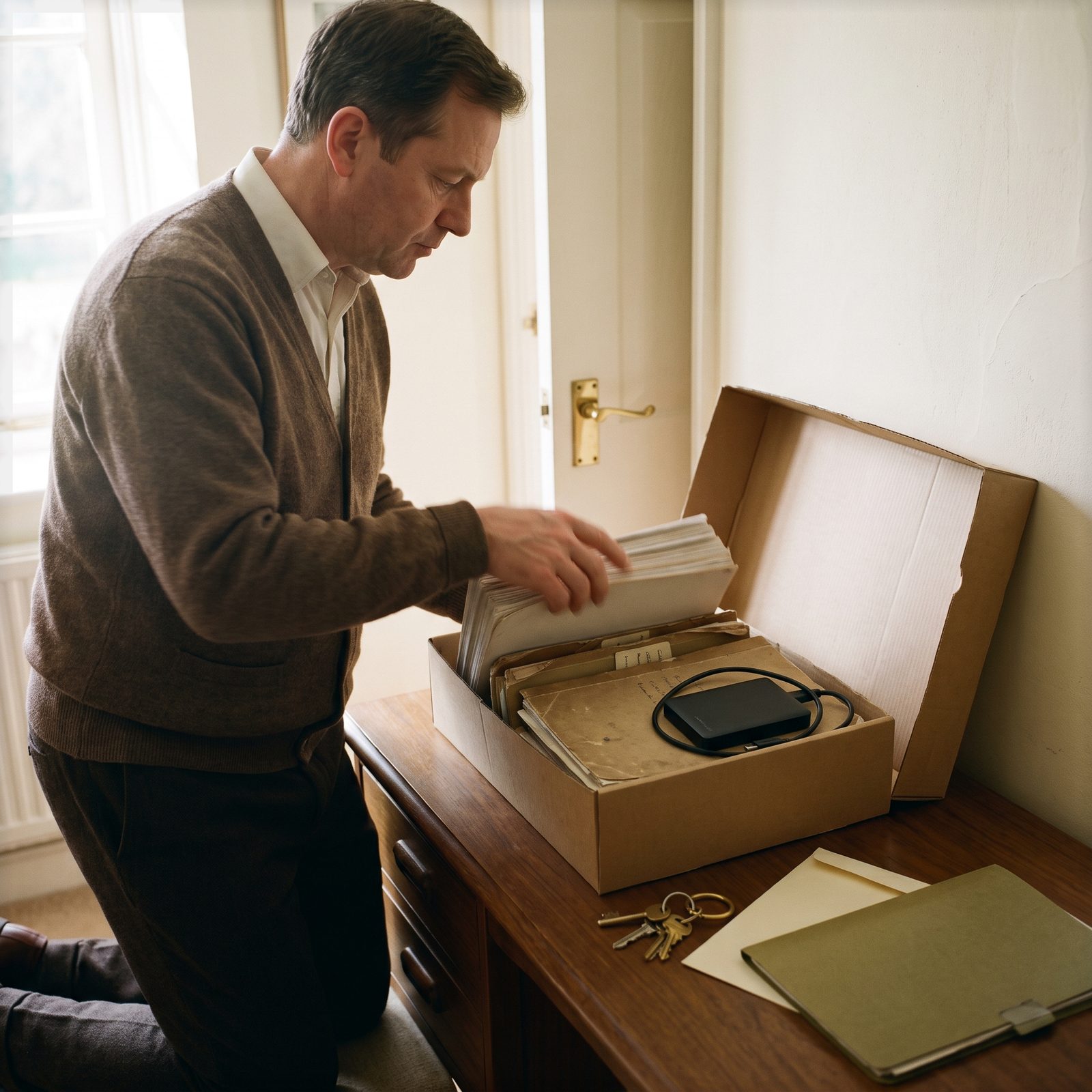 Un homme range documents imprimés et disque dur dans une boîte d'archives : son code et sa spécification restent chez lui