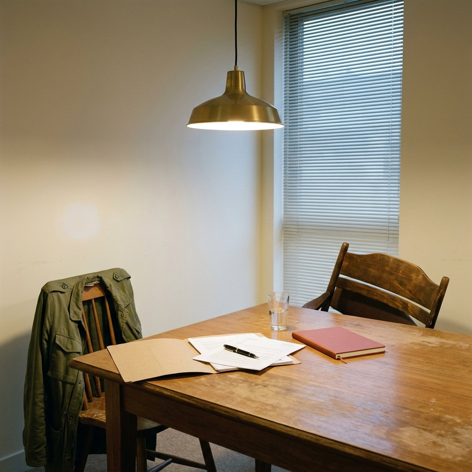 Une salle de réunion vide le soir, deux chaises face à un dossier resté ouvert sur la table avec un stylo posé dessus