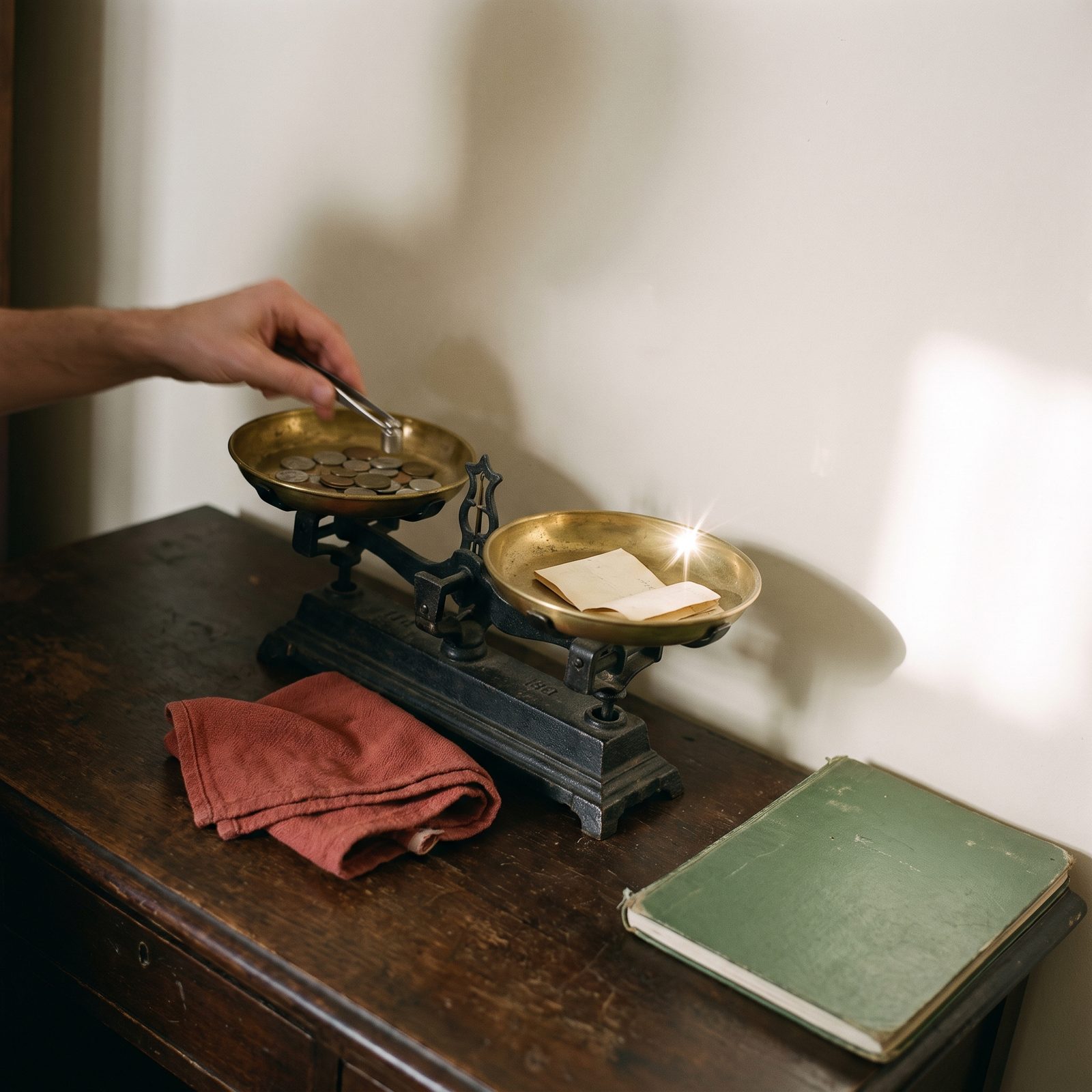 Une balance ancienne en fonte et laiton sur un bureau, une main ajoute un poids sur un plateau pour la réétalonner, sans aucun écran dans la scène