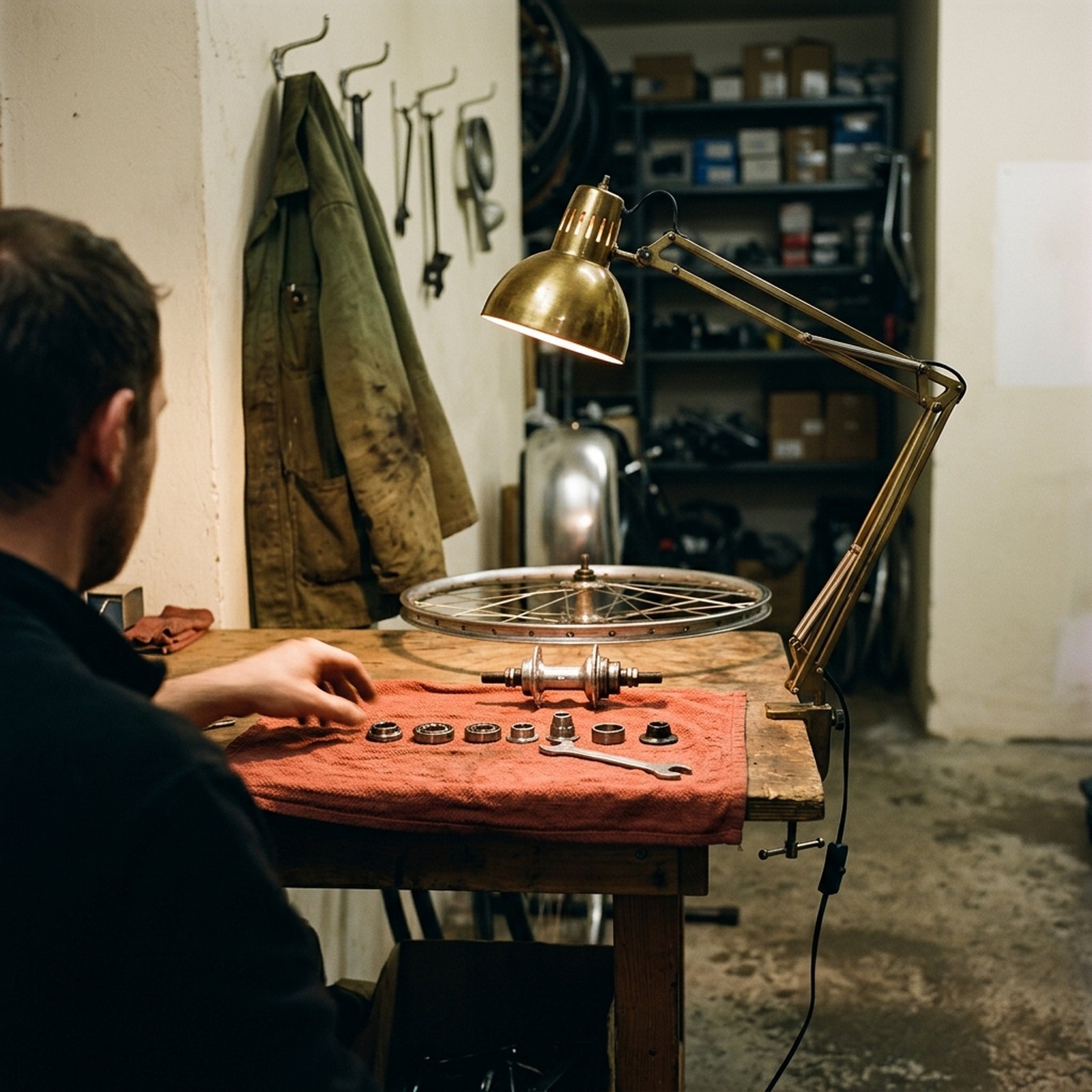 Un atelier de réparation en fin de journée, un appareil ouvert sur l'établi avec ses pièces alignées à côté d'un chiffon rouge brique et d'une lampe articulée en laiton