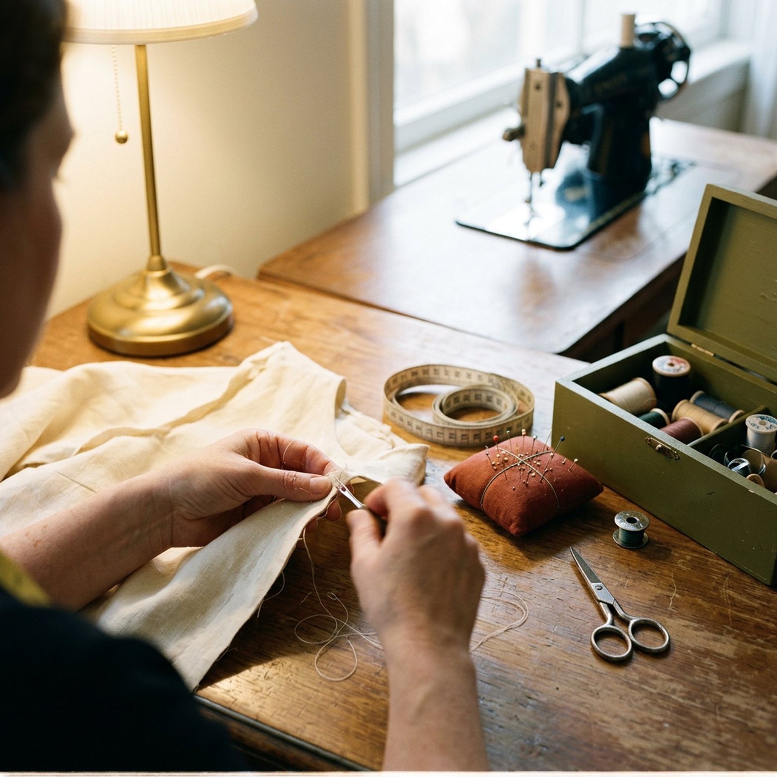 A seamstress unpicks a seam with a seam ripper on a garment on her worktable in the morning