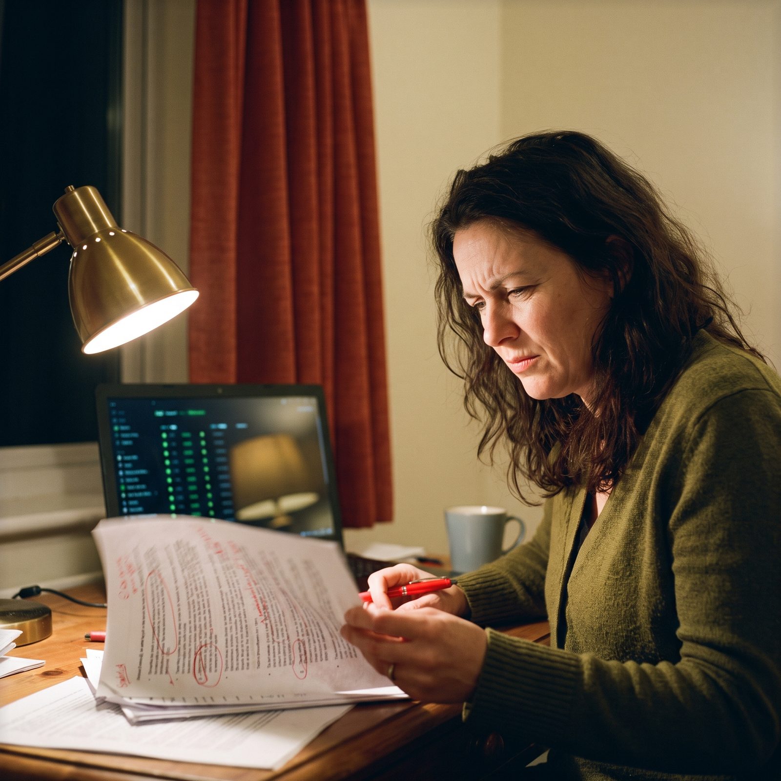 A woman rereads pages annotated in red before a screen of blurred green reports, by lamplight