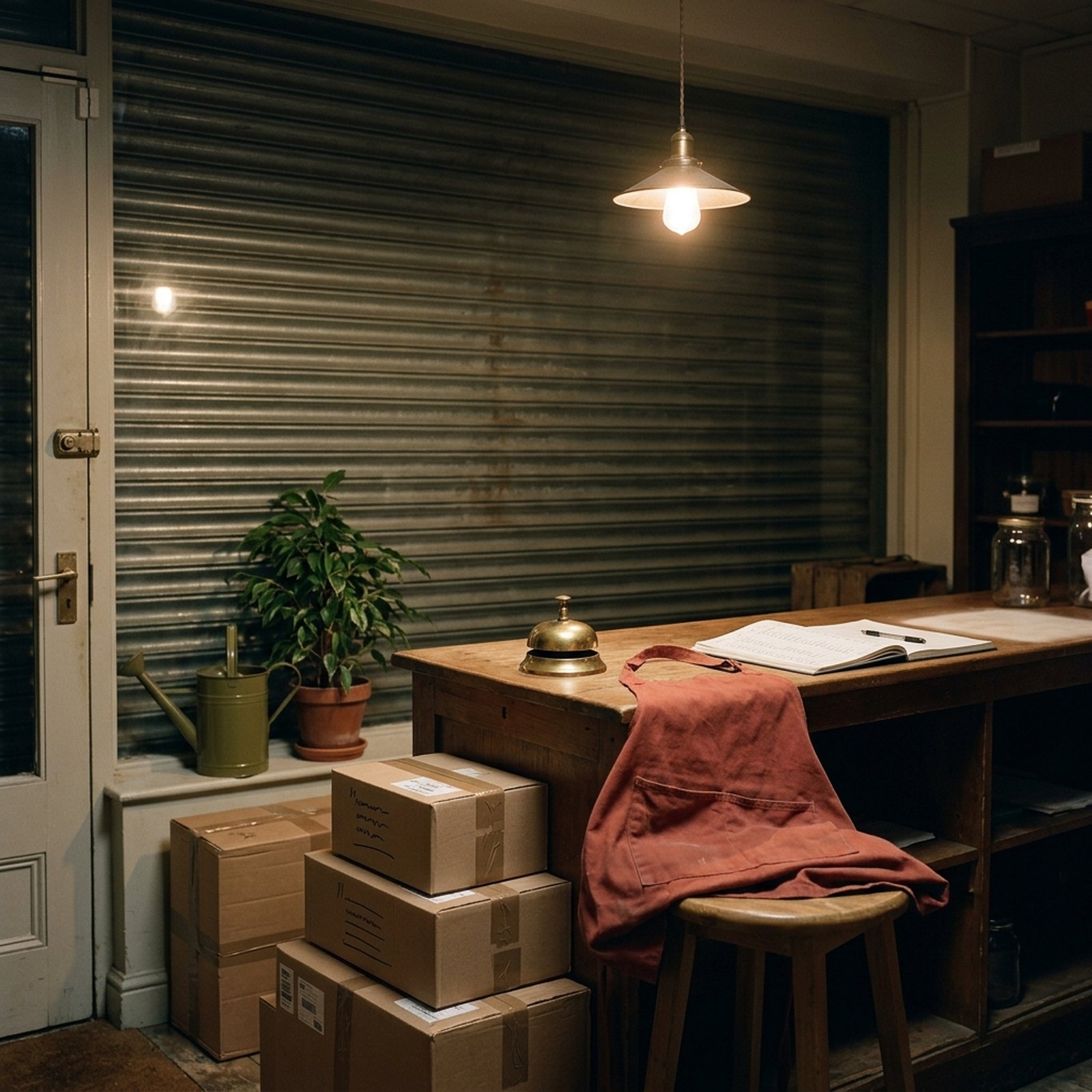La persiana bajada de una pequeña tienda vista desde dentro por la noche, cajas de pedidos apiladas junto a la caja