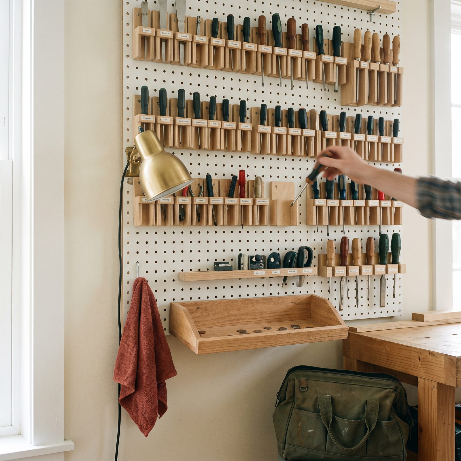 A workshop pegboard covered with dozens of labelled self-service tools, a hand taking a screwdriver and a small unattended cash tray underneath