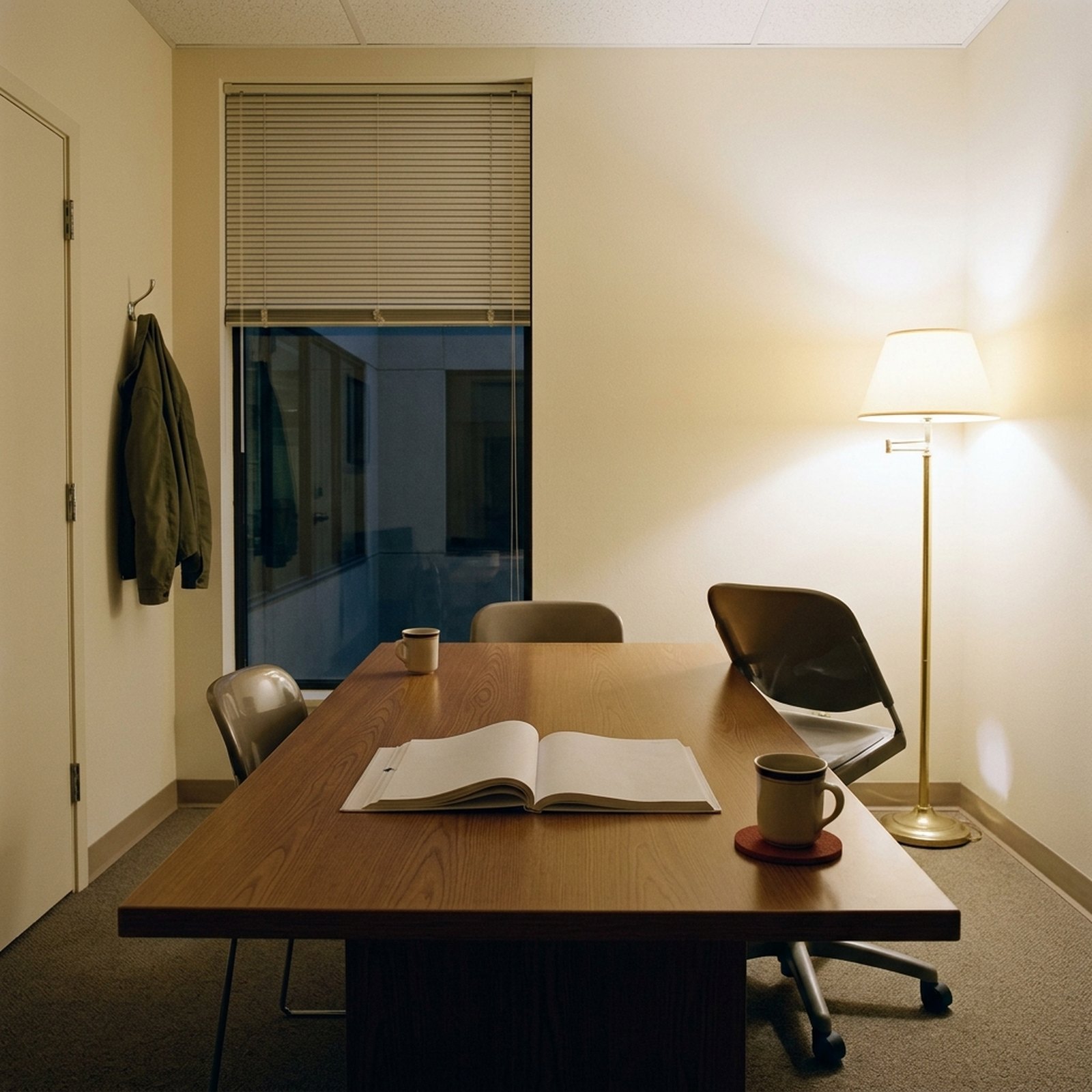 Une salle de réunion vidée après coup où un document relié reste ouvert entre deux tasses froides et une chaise repoussée