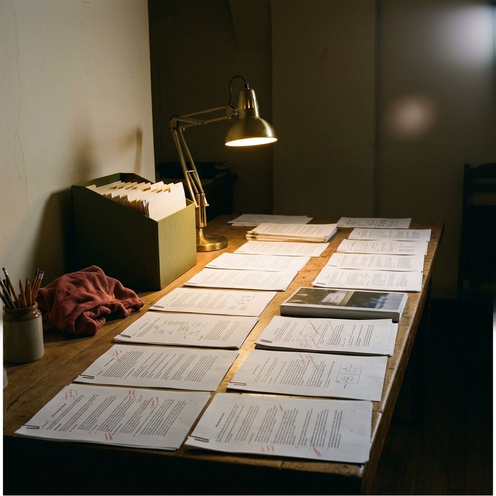 An evening worktable covered with printed pages annotated in red pencil, a lit brass lamp, and an olive binder placed at an angle