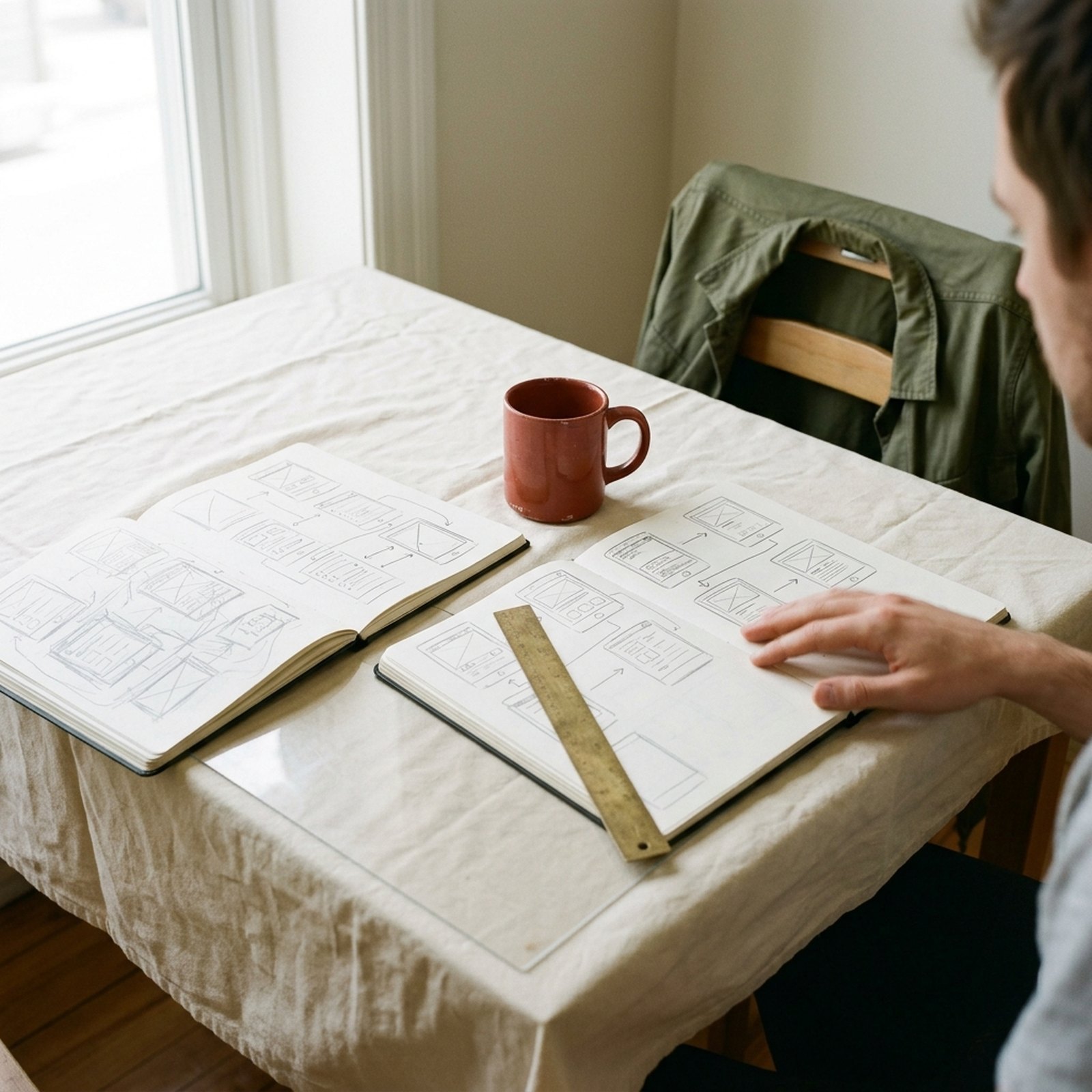 Une table de travail en milieu de matinée, deux carnets ouverts côte à côte couverts de croquis d'écrans au crayon près d'un mug rouge brique