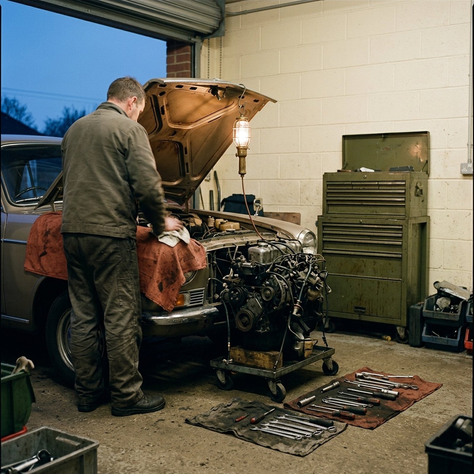 A garage at the end of the day, with a car's bonnet open above a removed engine block on a trolley