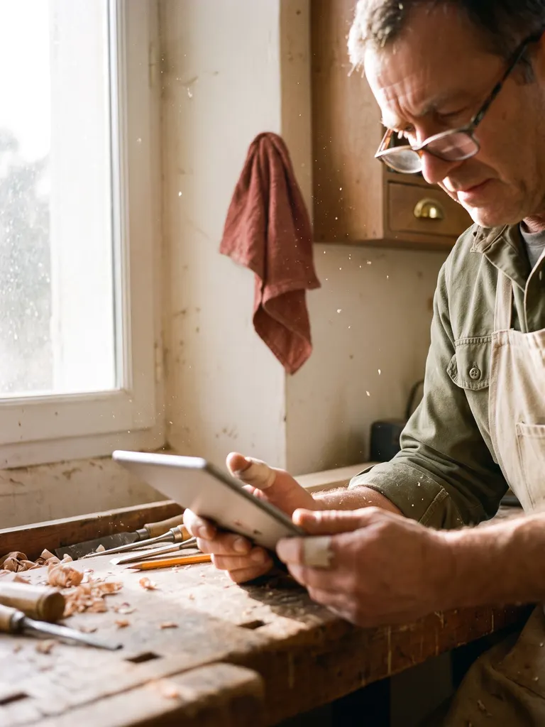 Un artisan à son établi, copeaux de bois dans la lumière du matin, son outil métier sur tablette.