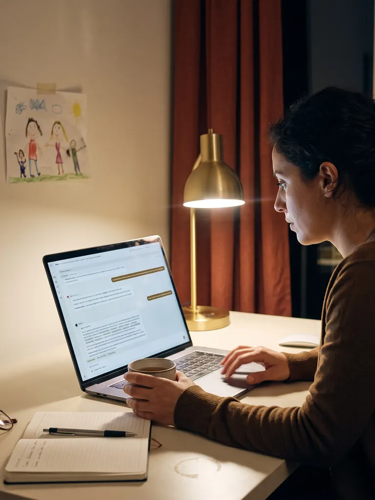 Une fondatrice à son bureau le soir, lampe laiton allumée, son produit qui prend forme à l'écran.