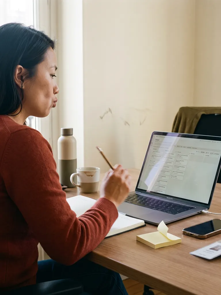 Une product owner en train d'arbitrer, carnet ouvert, plan de travail ordonné à l'écran.